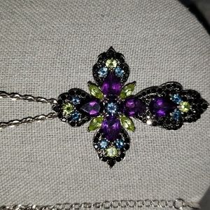 Mult-Gem Sterling Silver Cross w/Chain